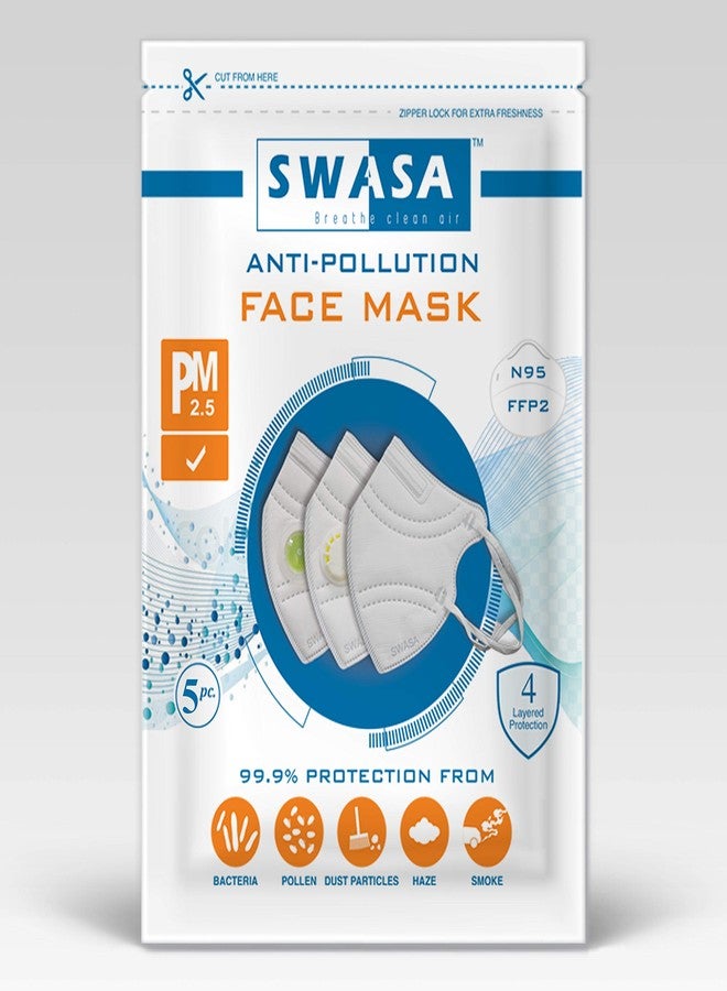 SWASA - Breathe clean air FFP2 Certified Respirator N95 Filter 100 Hours Reusable Nanofiber With No Filter Valve Face Mask For Unisex, Pack Of 5 (White) - Image 1